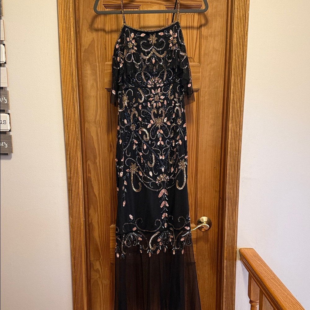 Aidan Mattox Black and Gold Embellished Dress